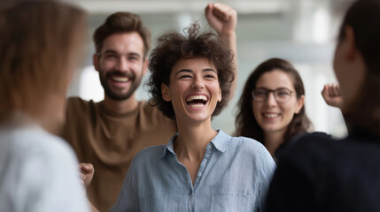 Obraz premium Creating a positive environment joyful team bonding in a multi-ethnic office celebration