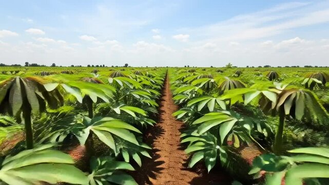 Cassava farm with green plants growing.