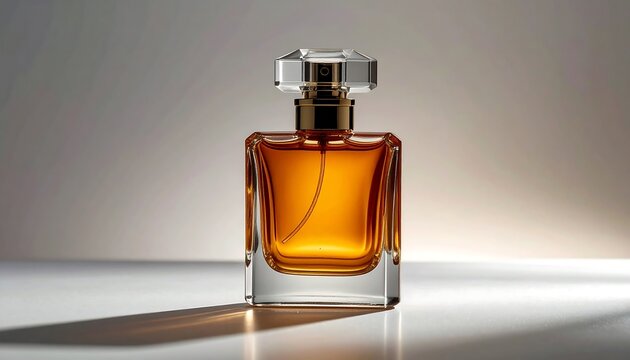 A square glass bottle with a faceted cap, filled with amber liquid, sits on a white surface, lit with side lighting, casting a shadow