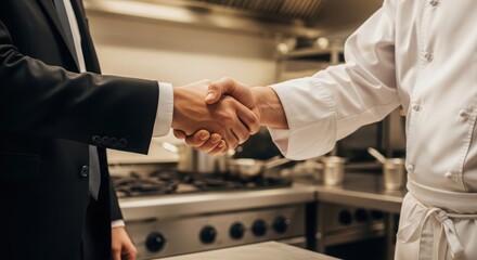 Fototapeta premium Chef and businessman handshake in modern kitchen, sealing deal