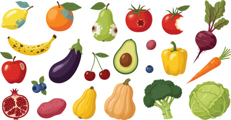 Fresh fruits and vegetables vector illustration set with organic produce healthy food elements isolated on white