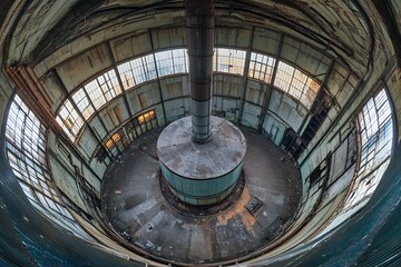 Obraz premium Fisheye view inside massive decaying circular industrial building