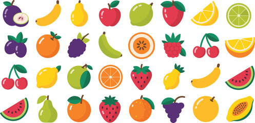 Colorful fruit icon set with apples bananas citrus berries tropical fruits, flat vector illustration collection isolated on white background modern © LatifunNahar