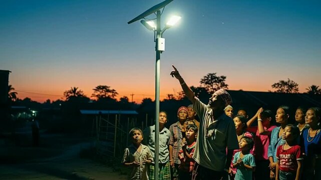 Elderly man points to solar powered street lamp illuminating rural village at dusk with curious onlookers