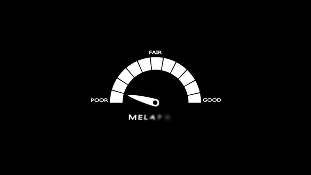 A white semicircular gauge or meter with segmented sections and labels indicating POR' and FAIR' against a black background representing a measurement scale or performance indicator Keywords