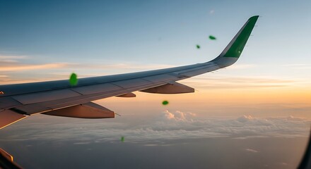 Fototapeta premium Earth day flight perspective wing of an airplane soaring above the clouds at sunset