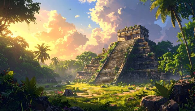 A stone structure rises from lush jungle under a warm, sunlit sky. Palm trees and greenery frame the ancient building