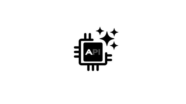 A monochrome of an API interface on a microchip with sparkling stars, rendered in black and gray tones on a clean white background, representing digital services and software development