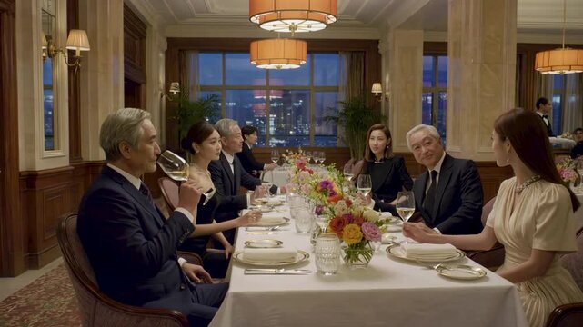 Elegant guests in formal attire enjoy a sophisticated multi-course dinner at a long banquet table decorated with fresh flowers in a luxury high-rise restaurant at twilight