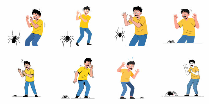 Arachnophobia concept set: Young man terrified and panicked by encountering various spiders in different poses.