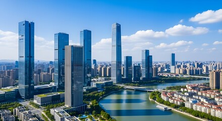 Naklejka premium A stunning aerial perspective of Tianjin’s modern central business district, featuring gleaming glass skyscrapers surrounding a meandering section of the Hai River.