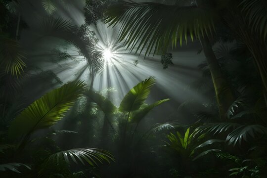 Enchanted rainforest canopy with sunlight rays through dense foliage misty atmosphere lush greenery