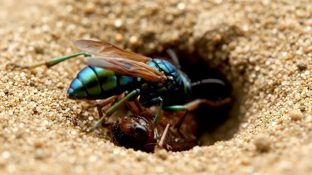 Iridescent Blue Wasp Drags Paralyzed Prey into Burrow in Sand