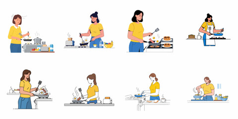 Collection of women cooking breakfast meals like eggs and pancakes in the kitchen, illustrating domestic morning routines and healthy eating.