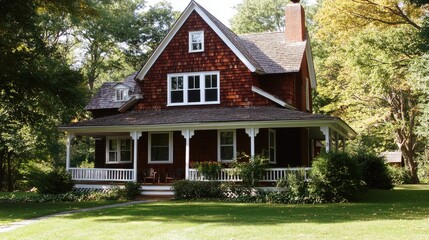 Charming Red Shingle House with Wrap-Around Porch