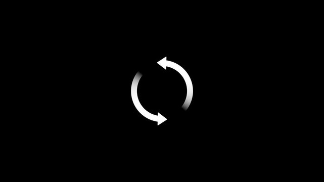 Two white arrows forming a circular rotation symbol with a gradient effect on a black background symbolizing refresh, reload, or continuous process Keywords: arrows, circular, rotation, refresh