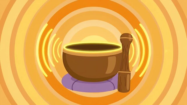 Tibetan singing bowl with mallet radiating sound on cushion
