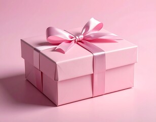 Obraz premium A square pink gift box with a matching ribbon and bow, presented on a light pink surface. Soft lighting creates shadows