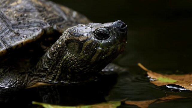 Dramatic closeup of turtle head emerging from dark pond water
