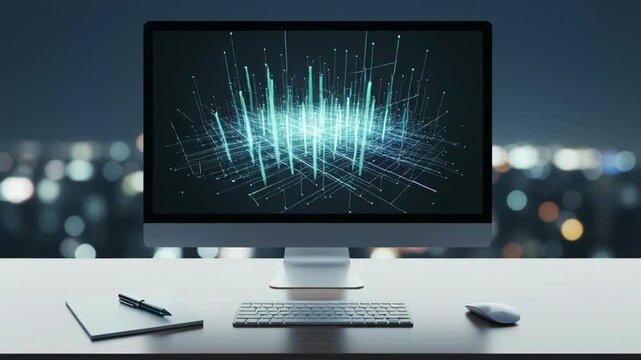 Futuristic computer screen displaying glowing digital network graph with bokeh city background