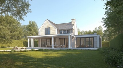 Modern Farmhouse Architectural Rendering: Luxury Home Design in Serene Landscape