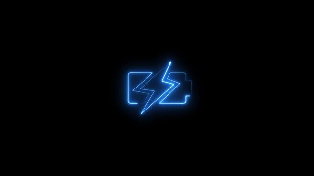 A neon blue outline of a battery symbol with a lightning bolt inside, glowing brightly against a completely black background, representing fast charging or power