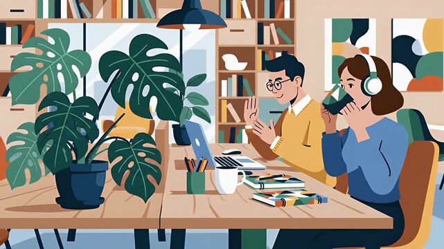 Two people remotely working in a comfortable home office