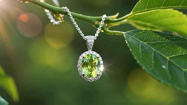 Elegant green gemstone pendant on tree branch in natural light sparkling jewelry outdoors