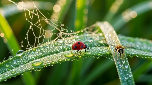 Ladybug and Hoverfly on Dewy Spiderweb in Morning Sunlight