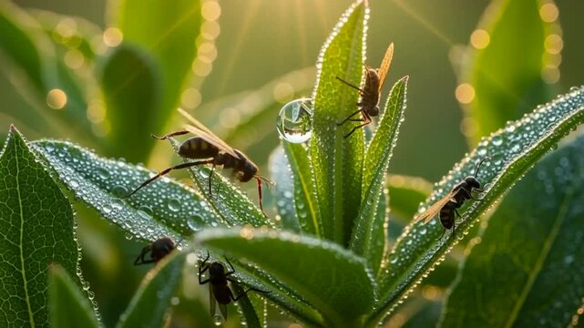 Macro shot of insects on dewy green leaves at sunrise, bokeh background