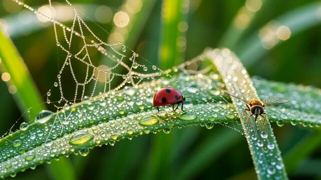 Macro shot of ladybug and hoverfly on wet grass with spiderweb at sunrise
