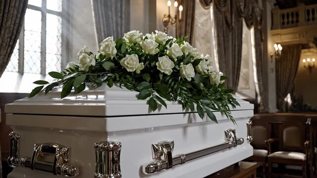 Elegant white casket adorned with white rose floral arrangement in a formal interior setting