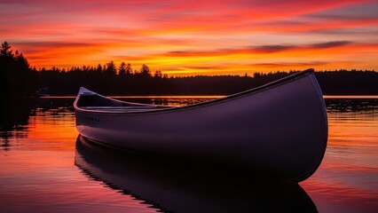 Fiberglass canoe resting on tranquil water during a vibrant sunset with colorful sky reflection