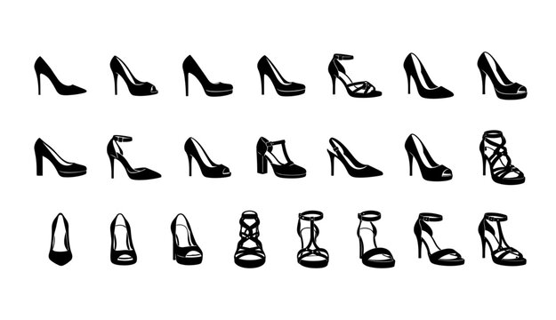 High Heel Shoe Silhouettes Set - Black Vector Style Pumps and Sandals Icons