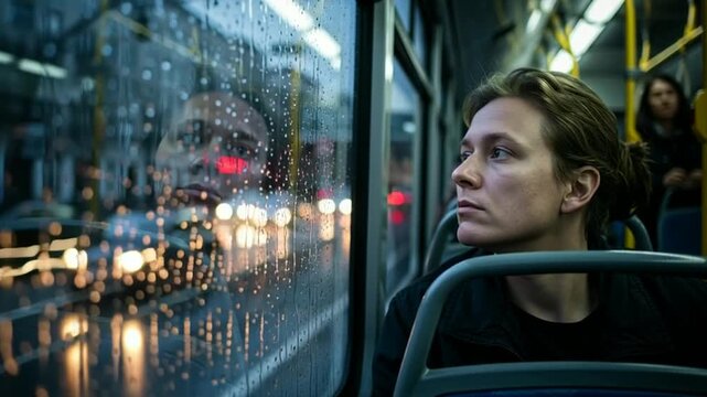 Man Reflecting on Bus Window During Rainy City Commute