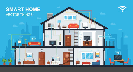 Modern urban architecture vector illustration featuring a 3d residential house and business building design with blue windows and a stylish roof for real estate city icons