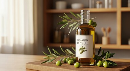 Premium Extra Virgin Olive Oil in a Clear Glass Bottle Surrounded by Fresh Olives and Branches on a Wooden Surface