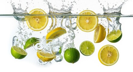 Refreshing Citrus Slices and Halves Splashing into Crystal Clear Water Creating Dynamic Droplets