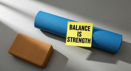 Rolled Blue Yoga Mat With Yellow Sticky Note Displaying "Balance Is Strength" Message