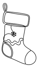 Line art illustration of a Christmas stocking depicting a snowflake design for holiday decoration