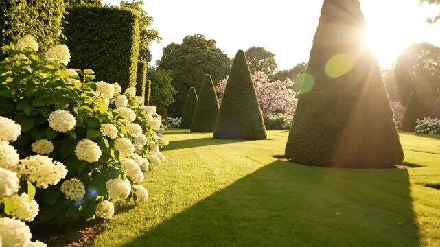 Lush formal garden with conical topiary hedges and white flowering shrubs bathed in golden sunlight