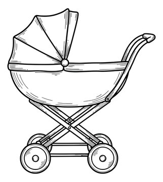 Hand drawn line art illustration of a baby carriage depicting a classic design for newborn care