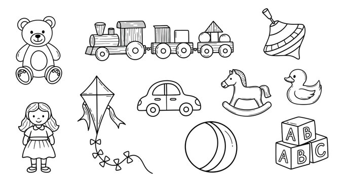 Hand drawn line art children's toys set featuring a teddy bear, train, doll, car, and building blocks for kids' play