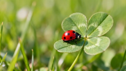 Fototapeta premium Macro Close-up of a Red Ladybug Resting on a Green Four-Leaf Clover