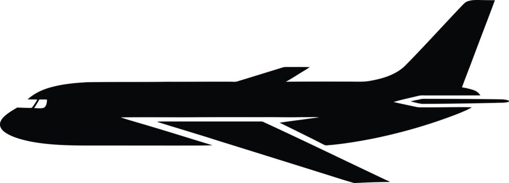 Black silhouette of a passenger airplane in side profile, featuring distinct wings, tail, and cockpit details against a white background, representing air travel and aviation.