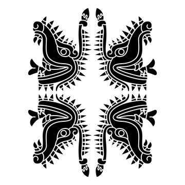 Symmetrical ethnic design with heads of fantastic monsters. Cipactli. Aztec mythology. Black and white silhouette.