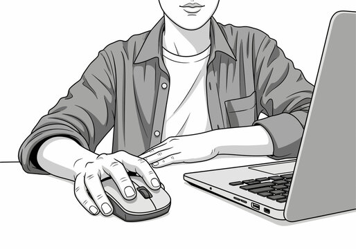 Man Using Computer Mouse and Laptop.