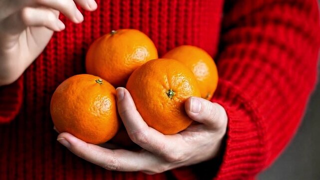 Video, close-up, hand holding a mandarin orange, Chinese New Year 2026 background, Lunar New Year, celebration, fruit 