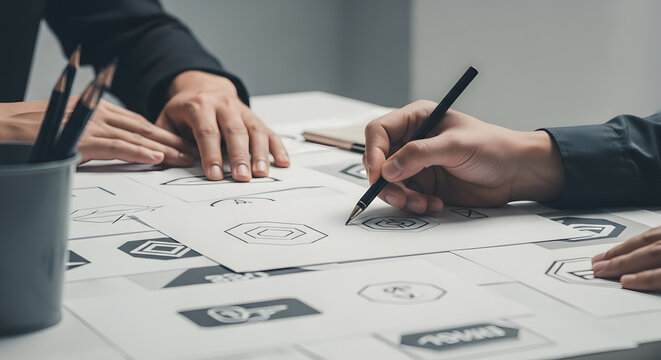 Creative team brainstorming logo designs at modern office table