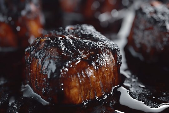 Close up of a glistening charred Peruvian anticucho kebab